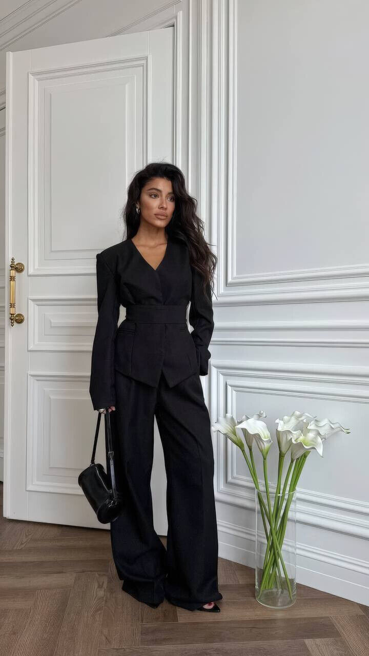 Витончений костюм із поясом підкреслює талію 