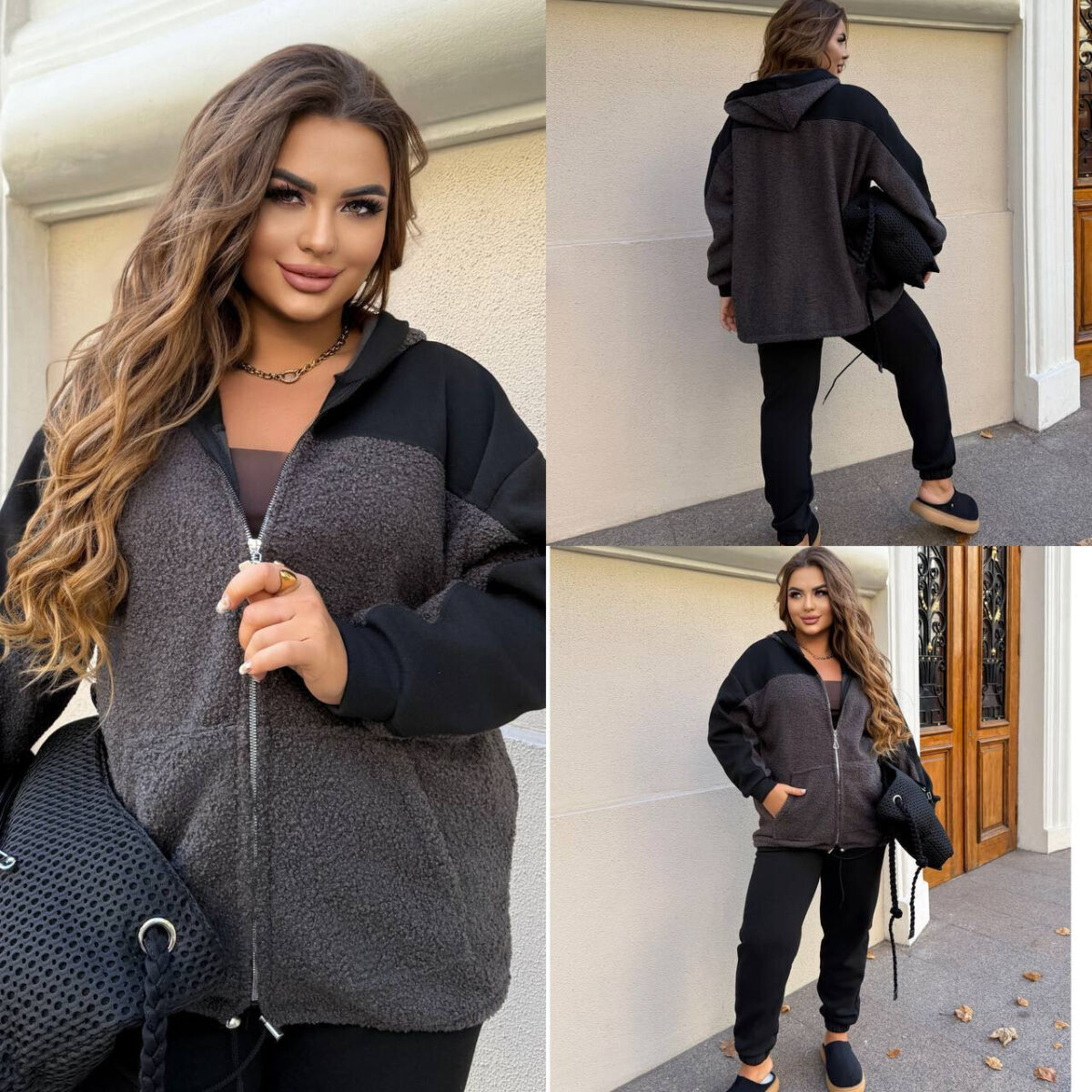 Женский теплый свободный спортивный костюм с эко барашком на флисе