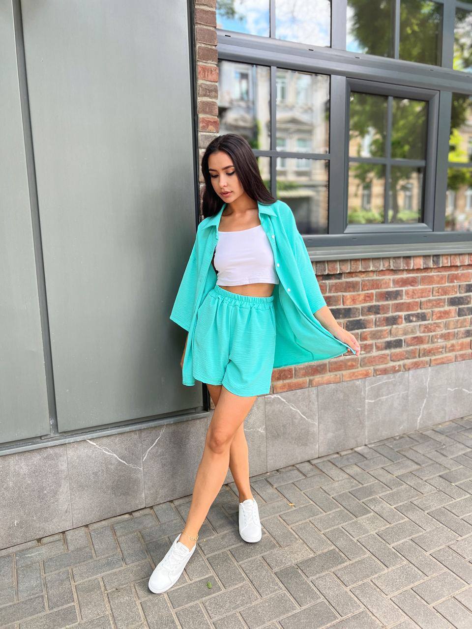 Костюм з подовженою сорочкою оверсайз, шорти з кишенями, талія на широкій резинці  фото